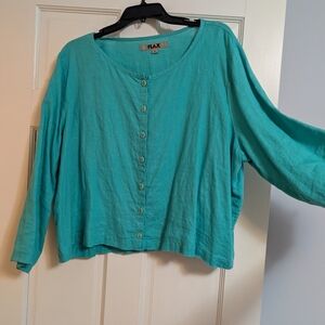 Flax Turquoise Linen Button Front Cropped Blouse